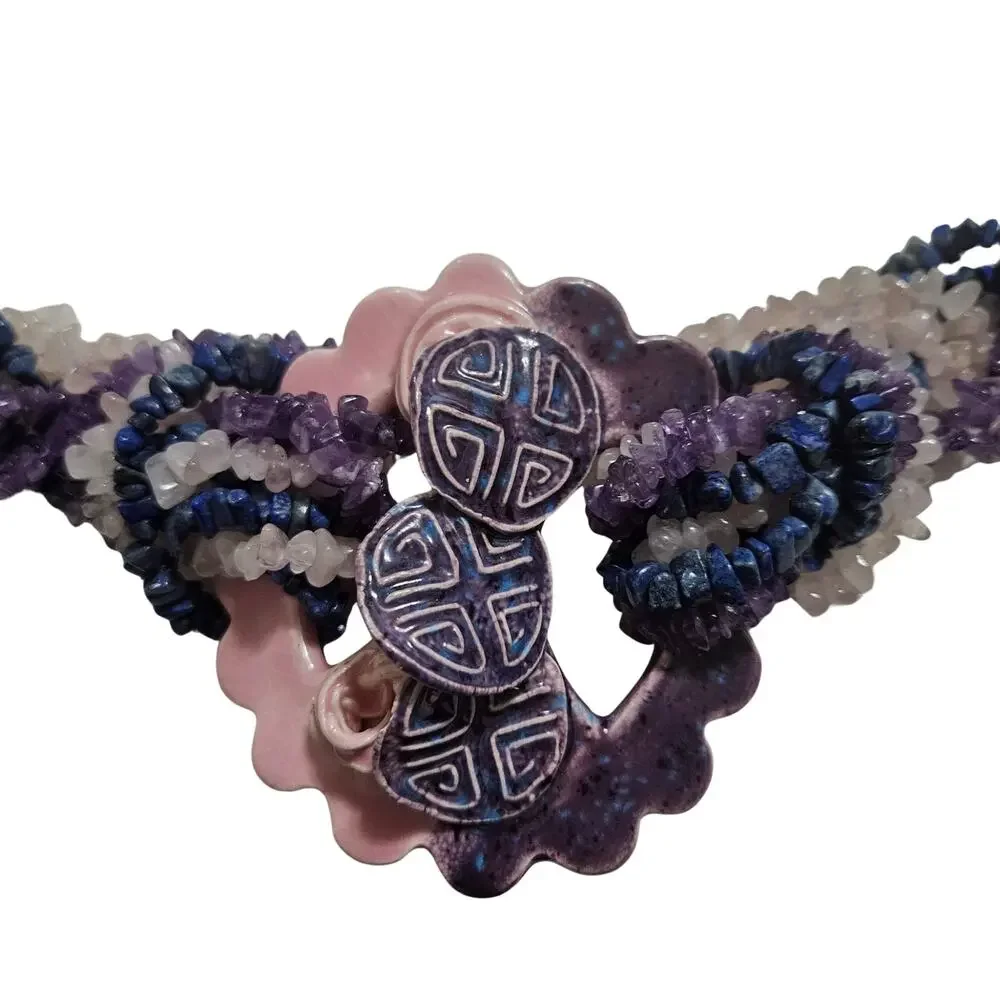 Ceramic Purple Amethyst Lapis Lazuli Rose Quartz Belt Statement Buckle Vintage